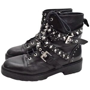 ZARA Leather Biker Moto Buckle Boots Black Size 40 Studded Lace Up 9